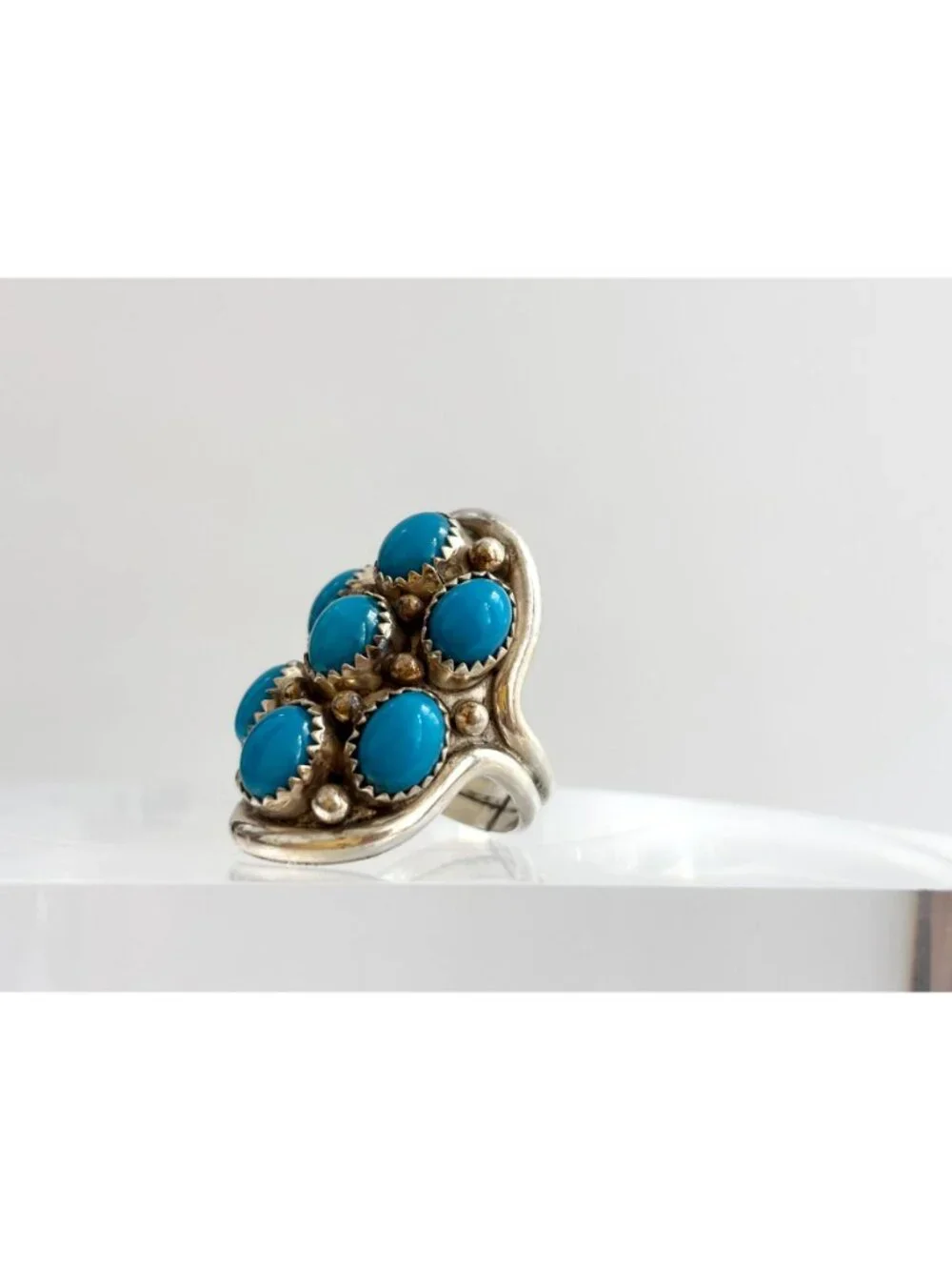 Navajo Sleeping Beauty Turquoise Cluster Sterling Silver 925 Vintage Ring - sz 8